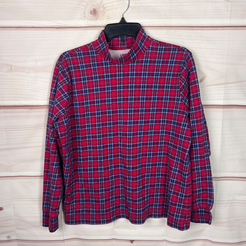 Lands End Top Womens L Red Blue Plaid Turtleneck T-Shirt Long Sleeve Cotton Knit
